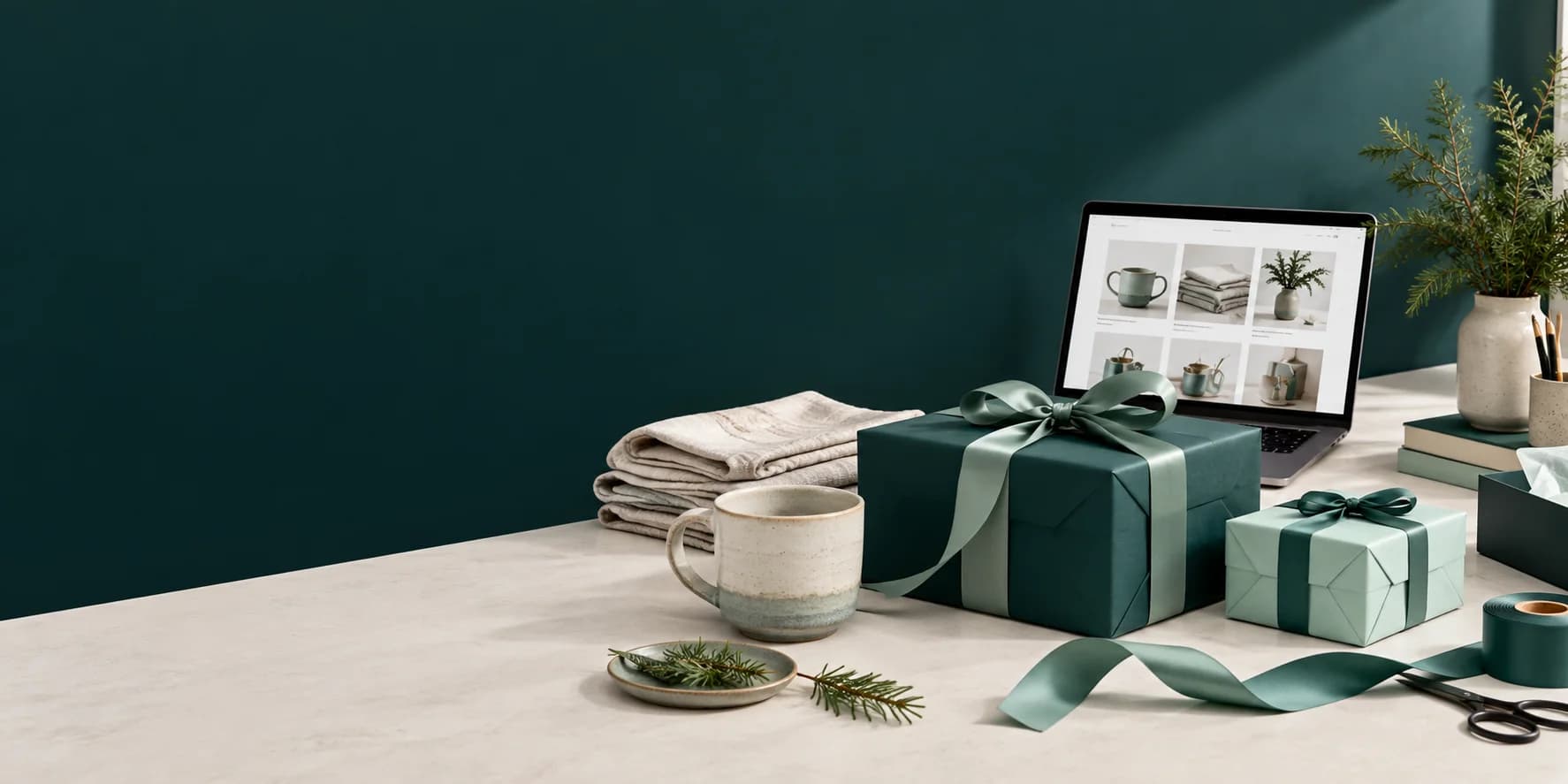 Wrapped holiday gifts beside a laptop showing a Shopify storefront.